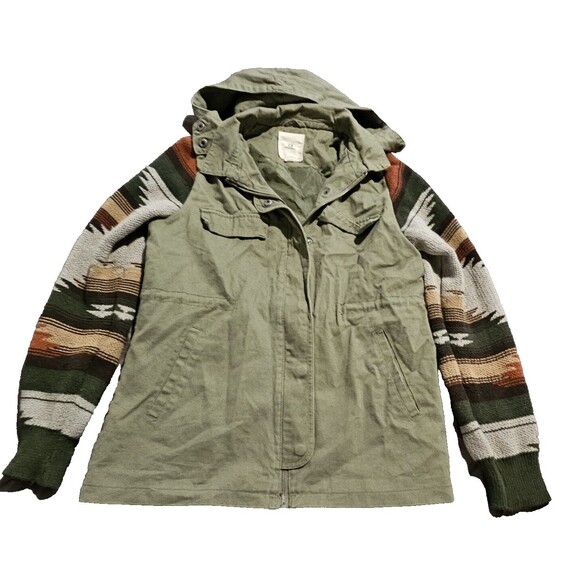 Thread & Supply Womens Jacket XS Olive Green Aztec Sleeve Hooded Zip Button Up - Picture 3 of 14